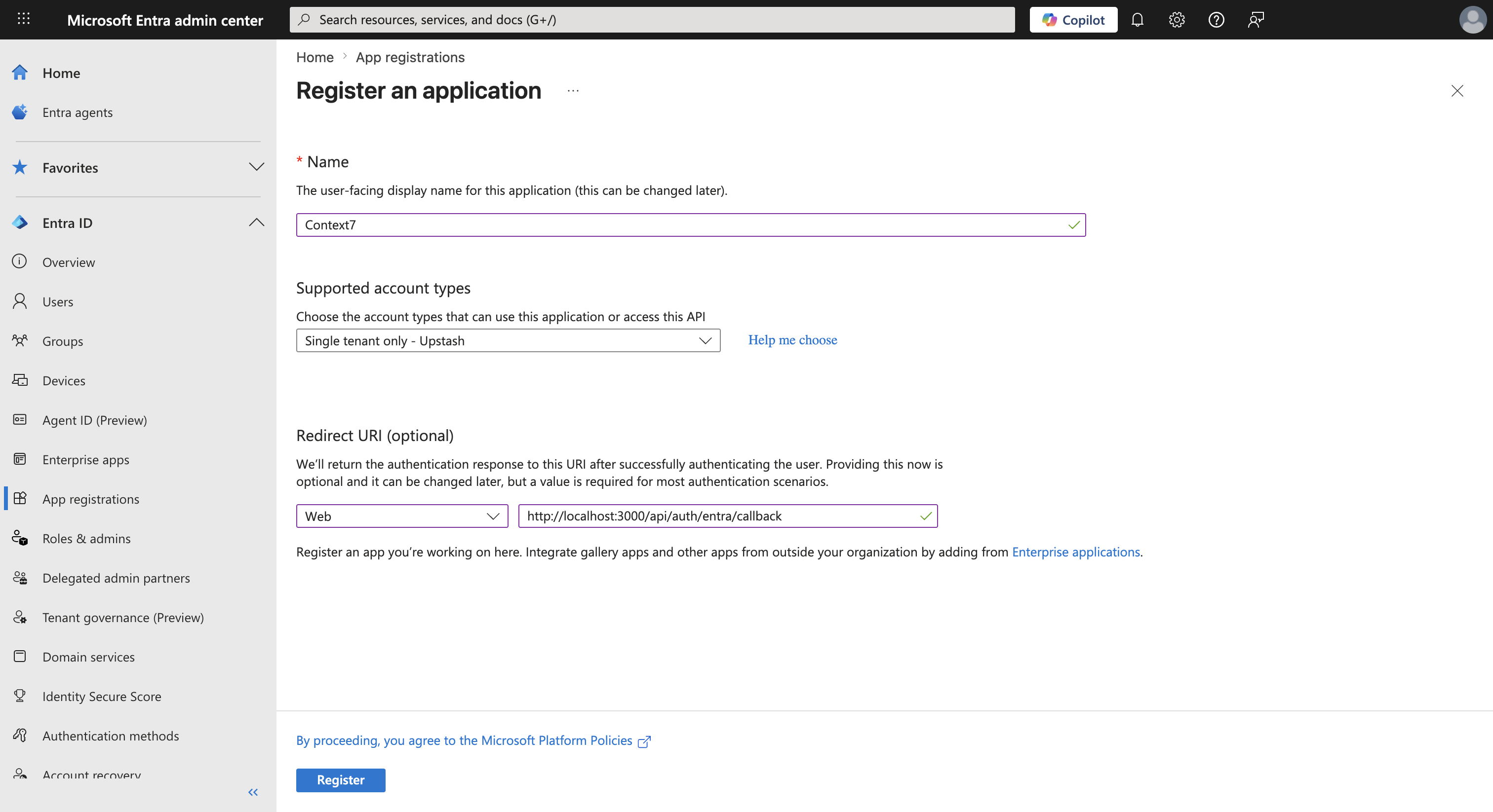 Azure App registrations: New registration form