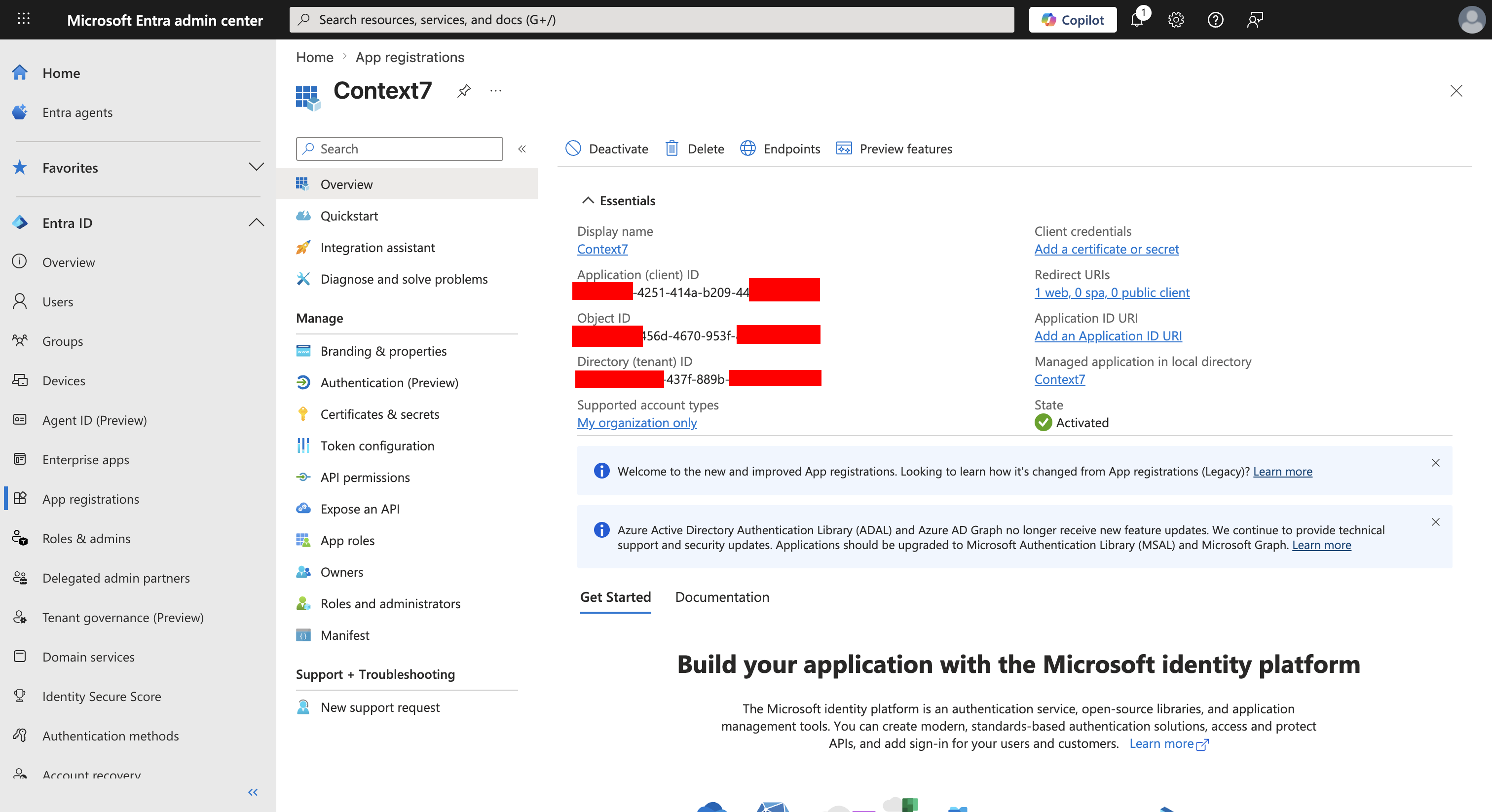 Azure app Overview showing client and tenant IDs