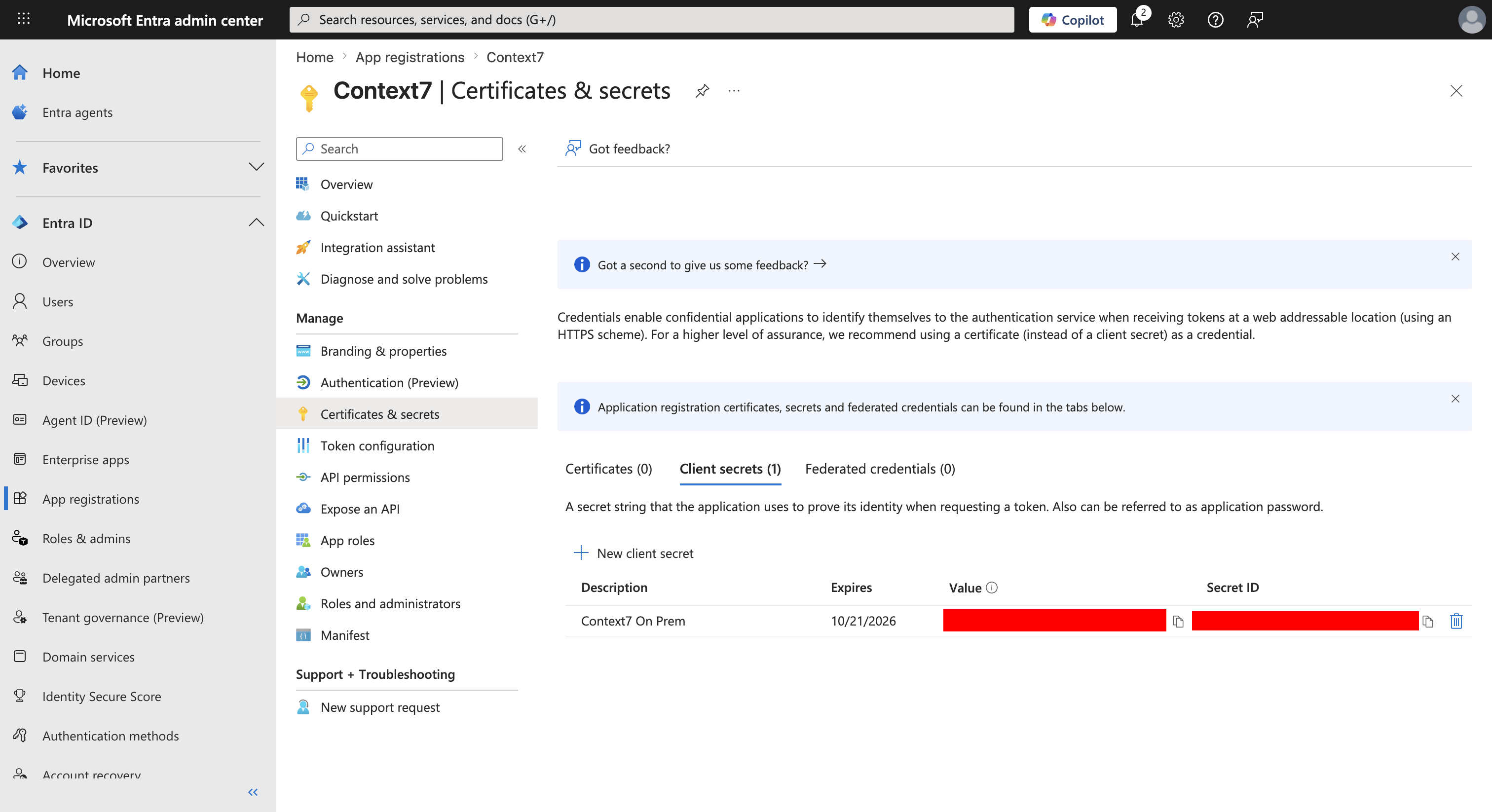 Client secrets tab with New client secret form