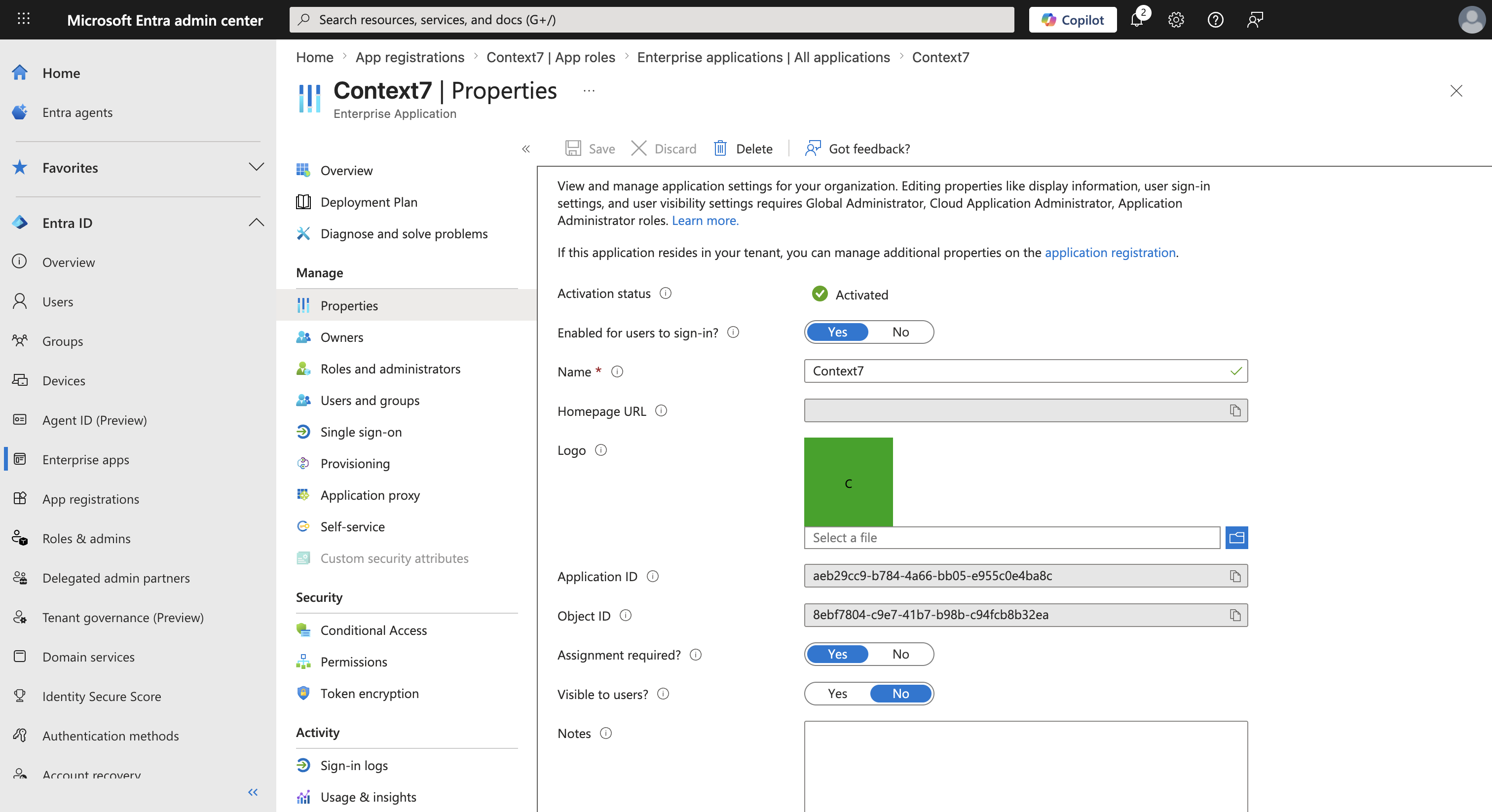 Enterprise app Properties page with Assignment required set to Yes