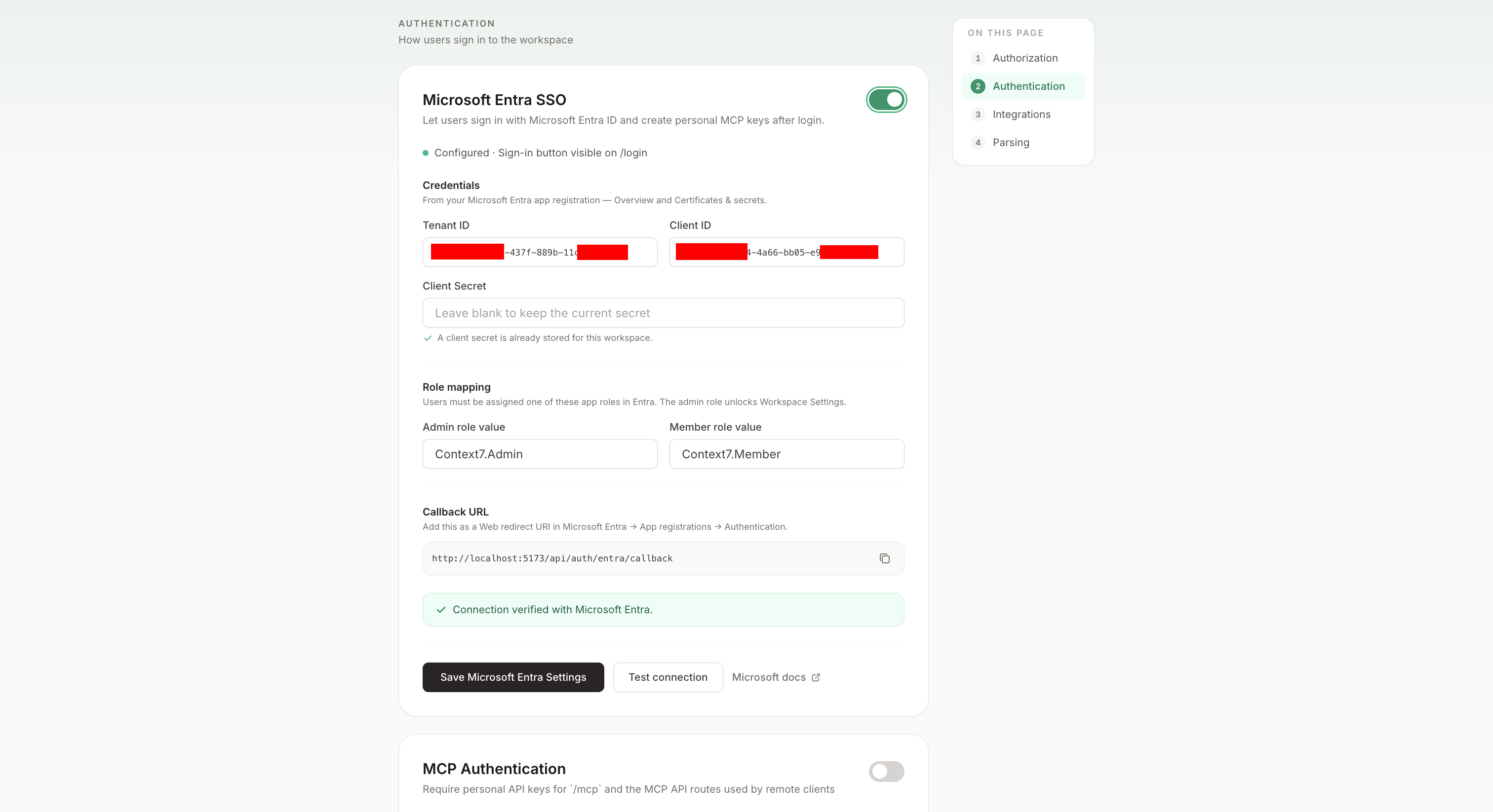 Entra SSO card with values filled, connection verified, and toggle on