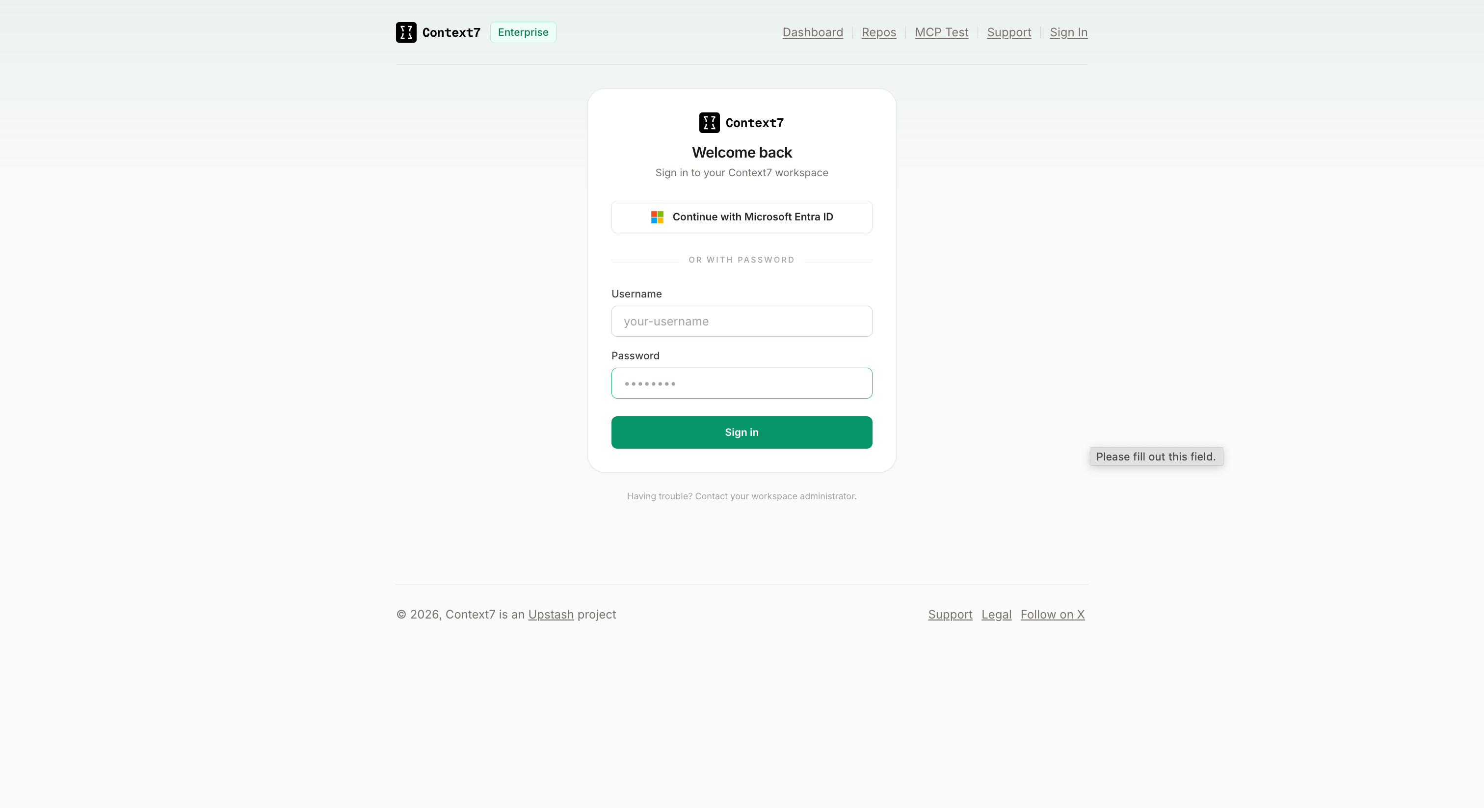 Login page showing Continue with Microsoft Entra ID button