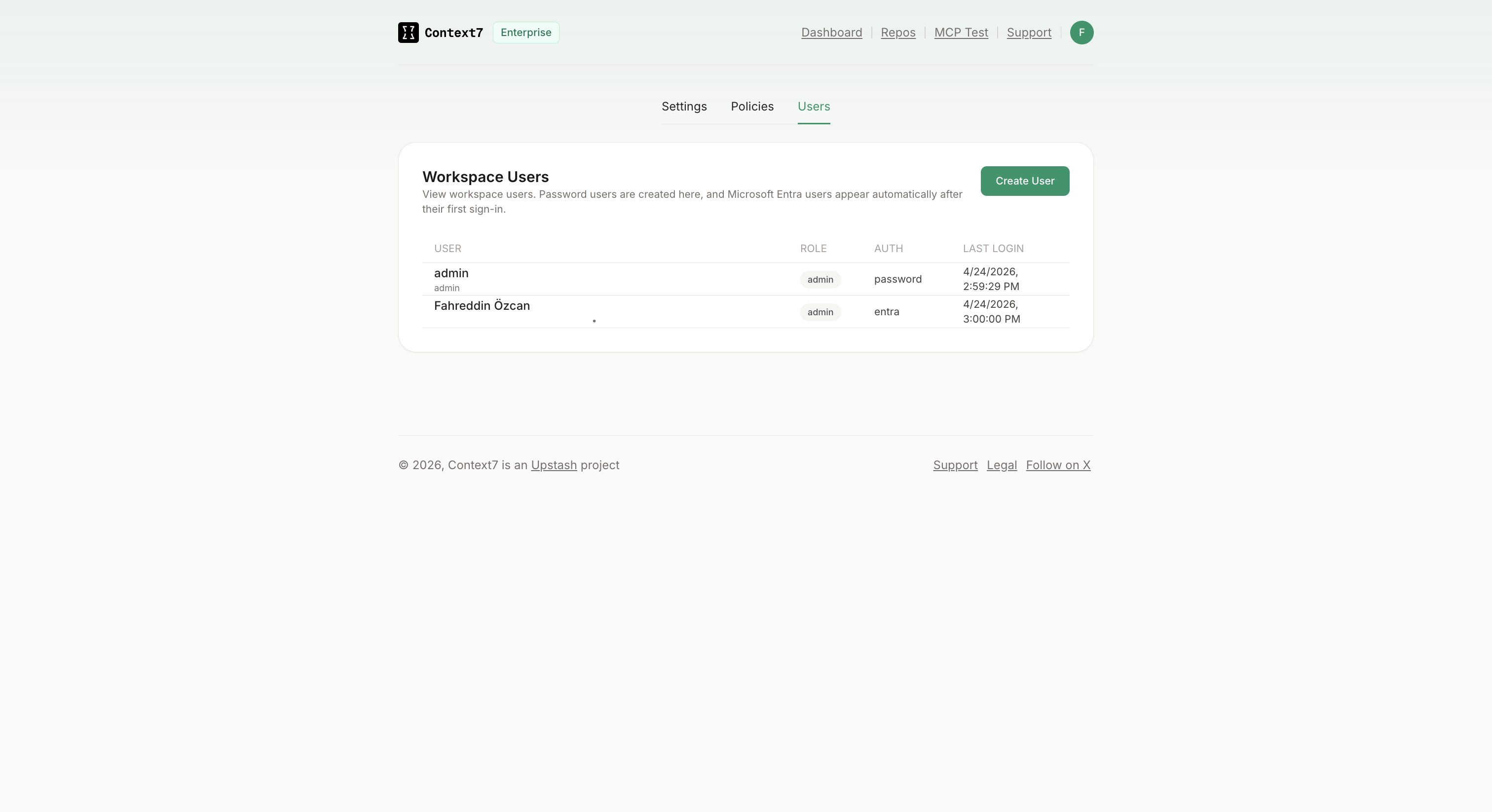 Teamspace Users tab showing password and Entra users side by side