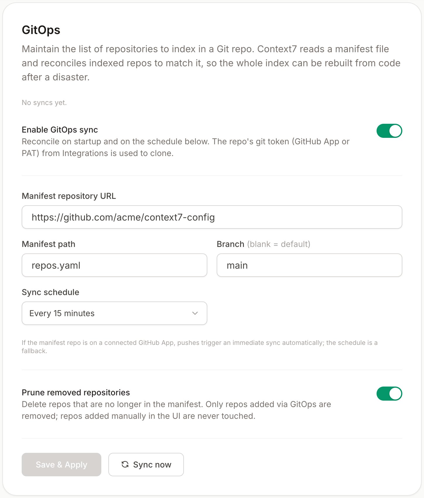 The GitOps settings card under Settings, Indexing