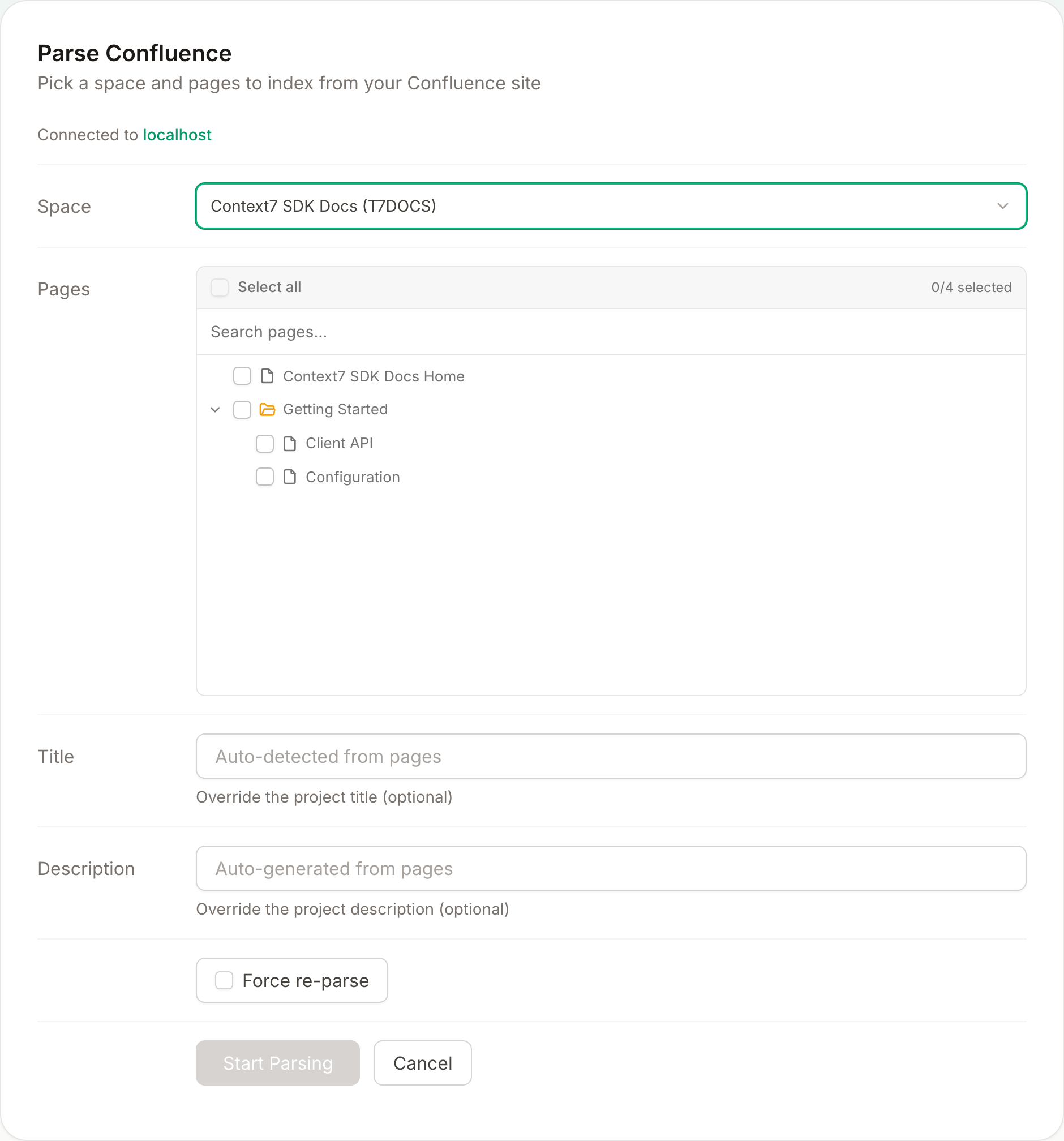 Selecting a Confluence space and pages, with the page tree and Start Parsing button