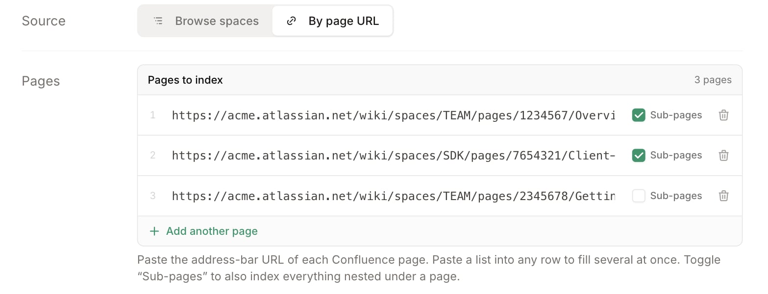 The By page URL form: a row per Confluence page URL, each with a Sub-pages toggle and a remove button