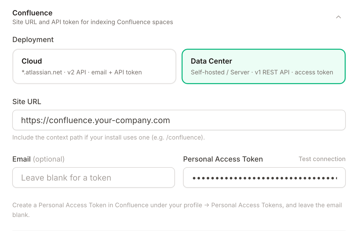 Confluence integration settings with the Data Center deployment selected