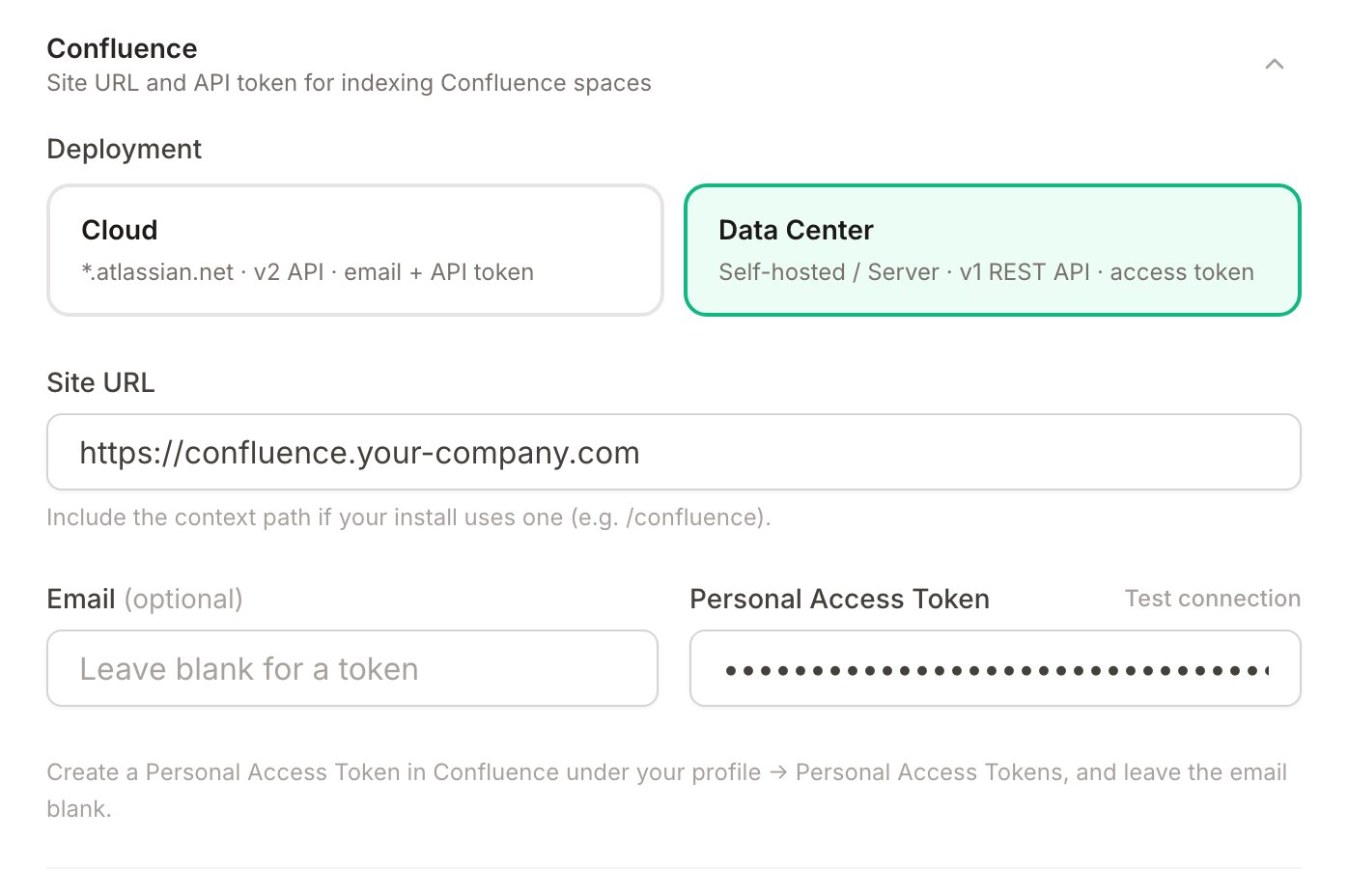 Confluence integration settings with the Data Center deployment selected