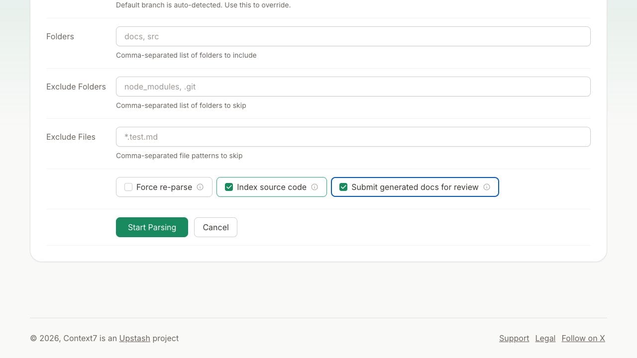 Repository options with Index source code and Submit generated docs for review enabled