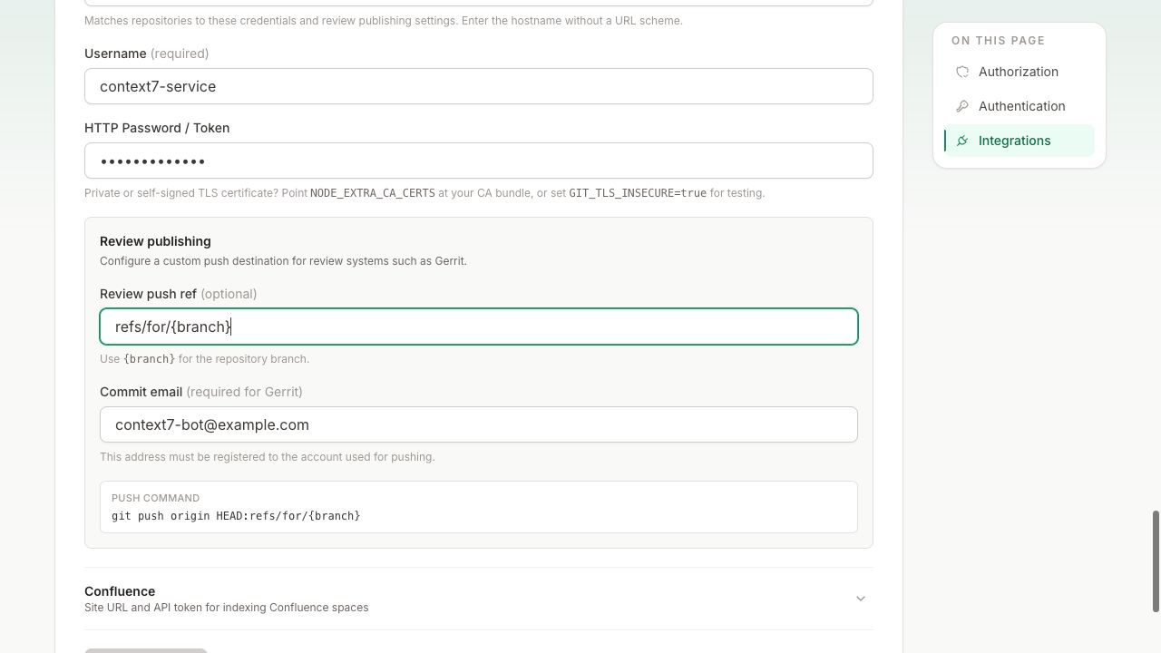 Review publishing settings with a Gerrit push ref, commit email, and generated push command