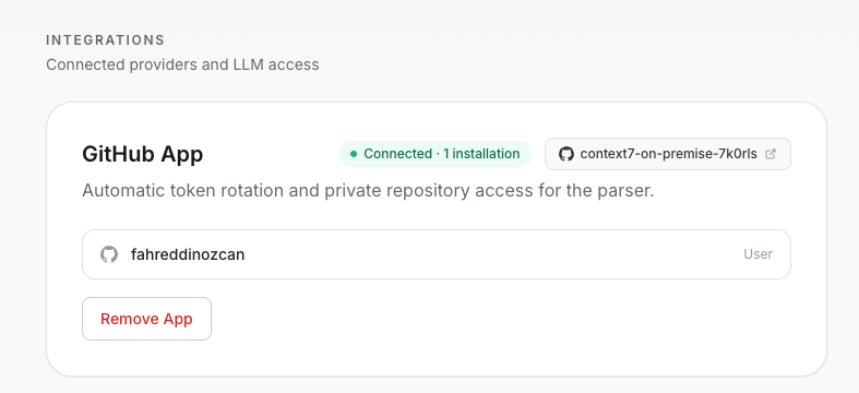 Connected GitHub App with one installation under Settings, Integrations