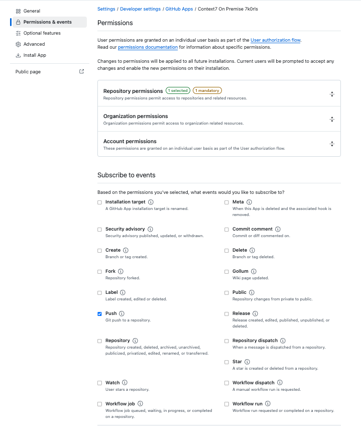 GitHub App repository permissions and the subscribed Push event