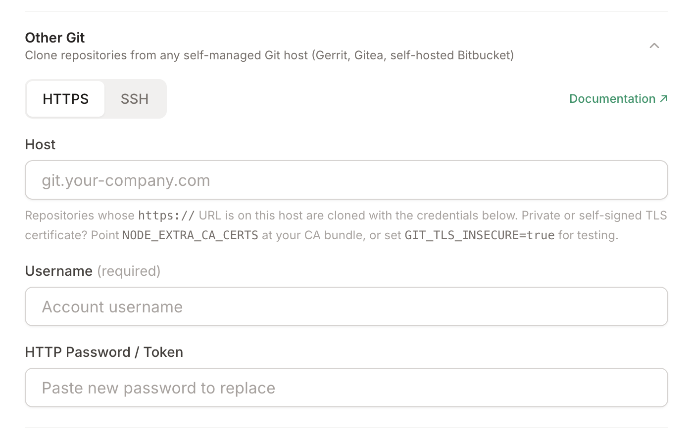 Other Git HTTPS settings: host, username, and HTTP password under Settings, Integrations