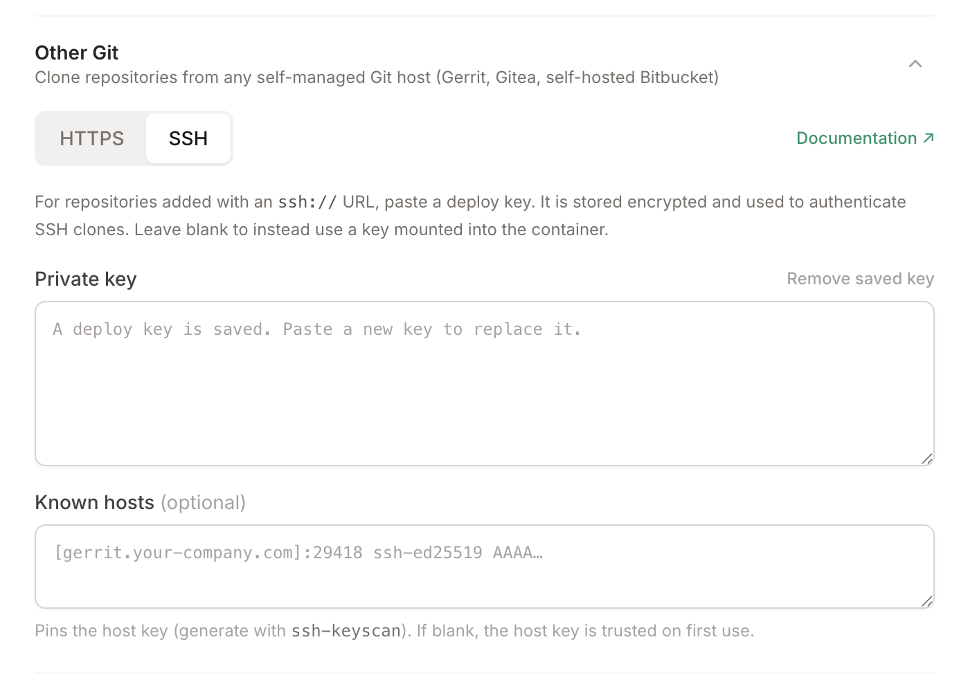Other Git SSH settings: private key and known hosts under Settings, Integrations