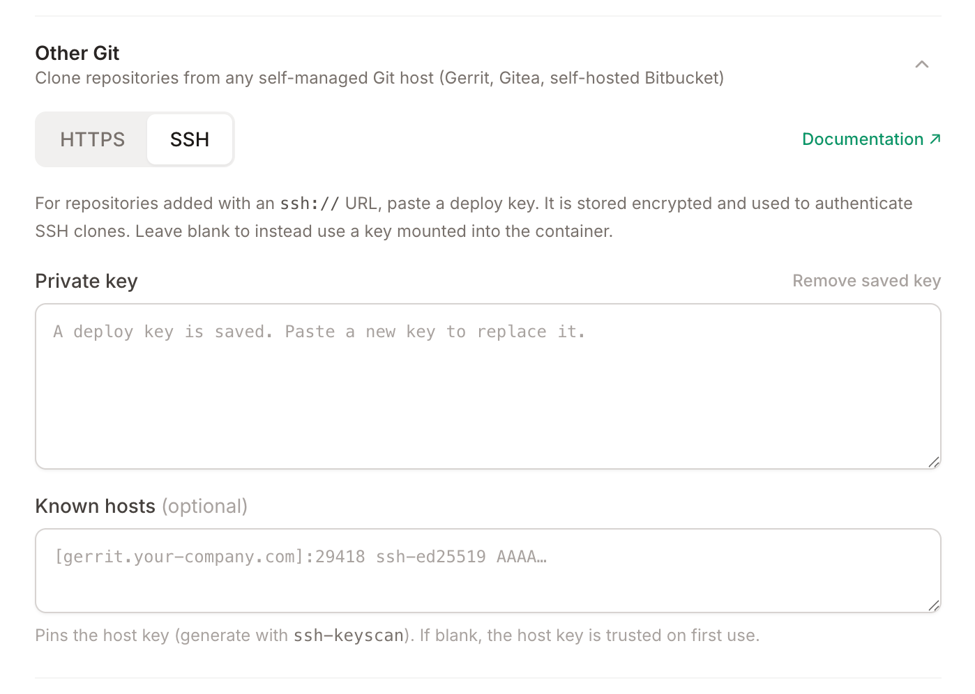 Other Git SSH settings: private key and known hosts under Settings, Integrations