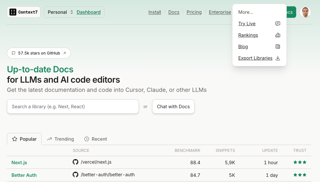 Export Libraries link in the dashboard menu