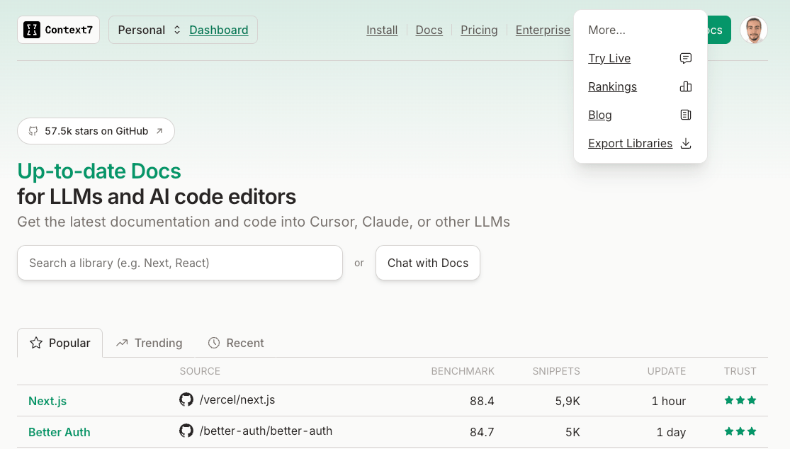 Export Libraries link in the dashboard menu