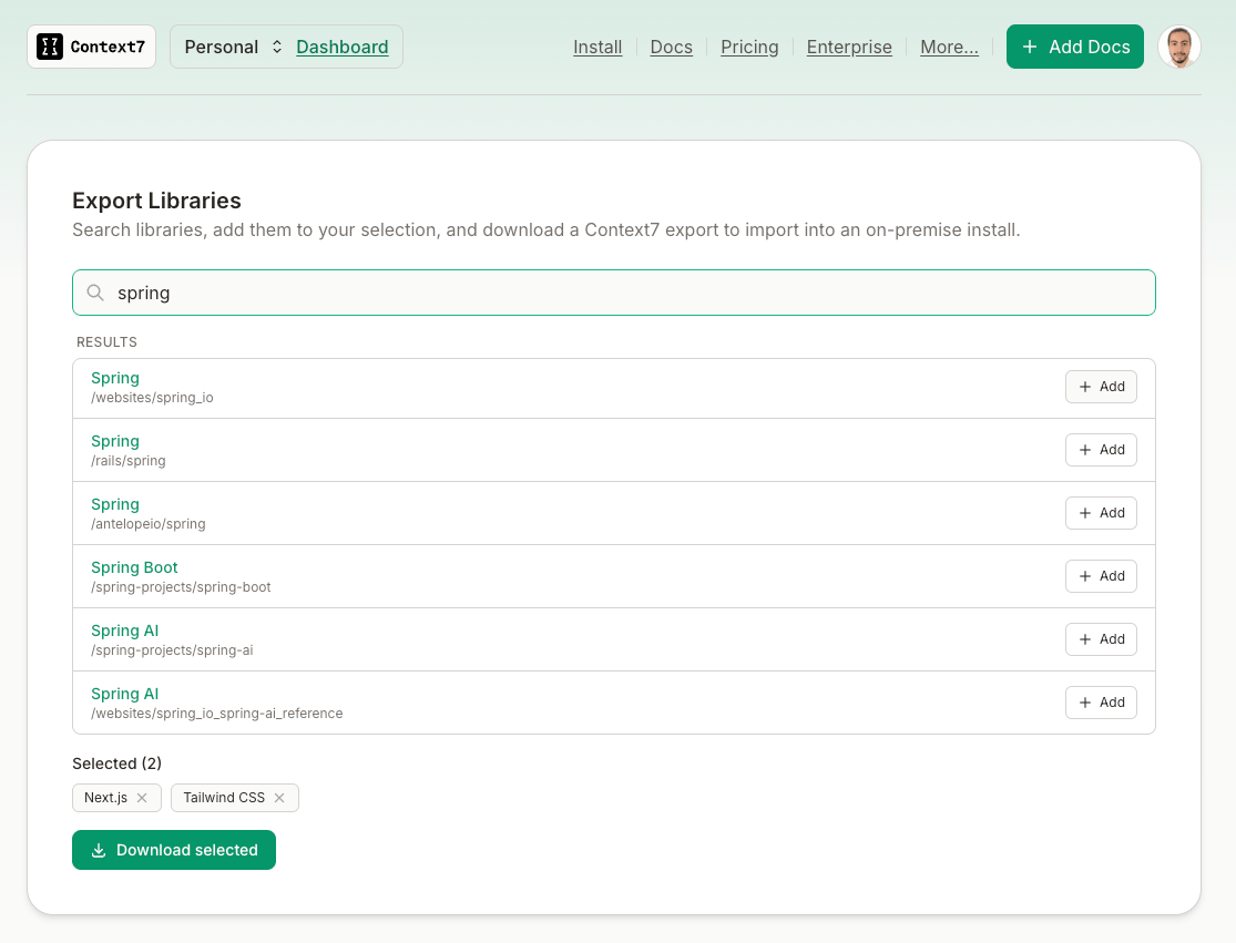 Searching and selecting libraries to export
