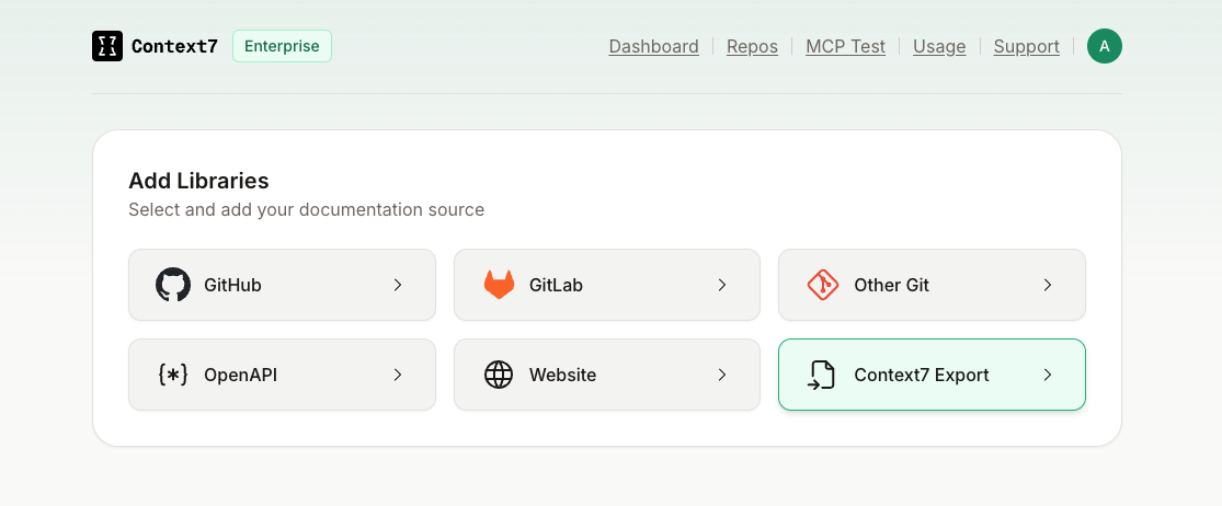 Context7 Export source on the Add page