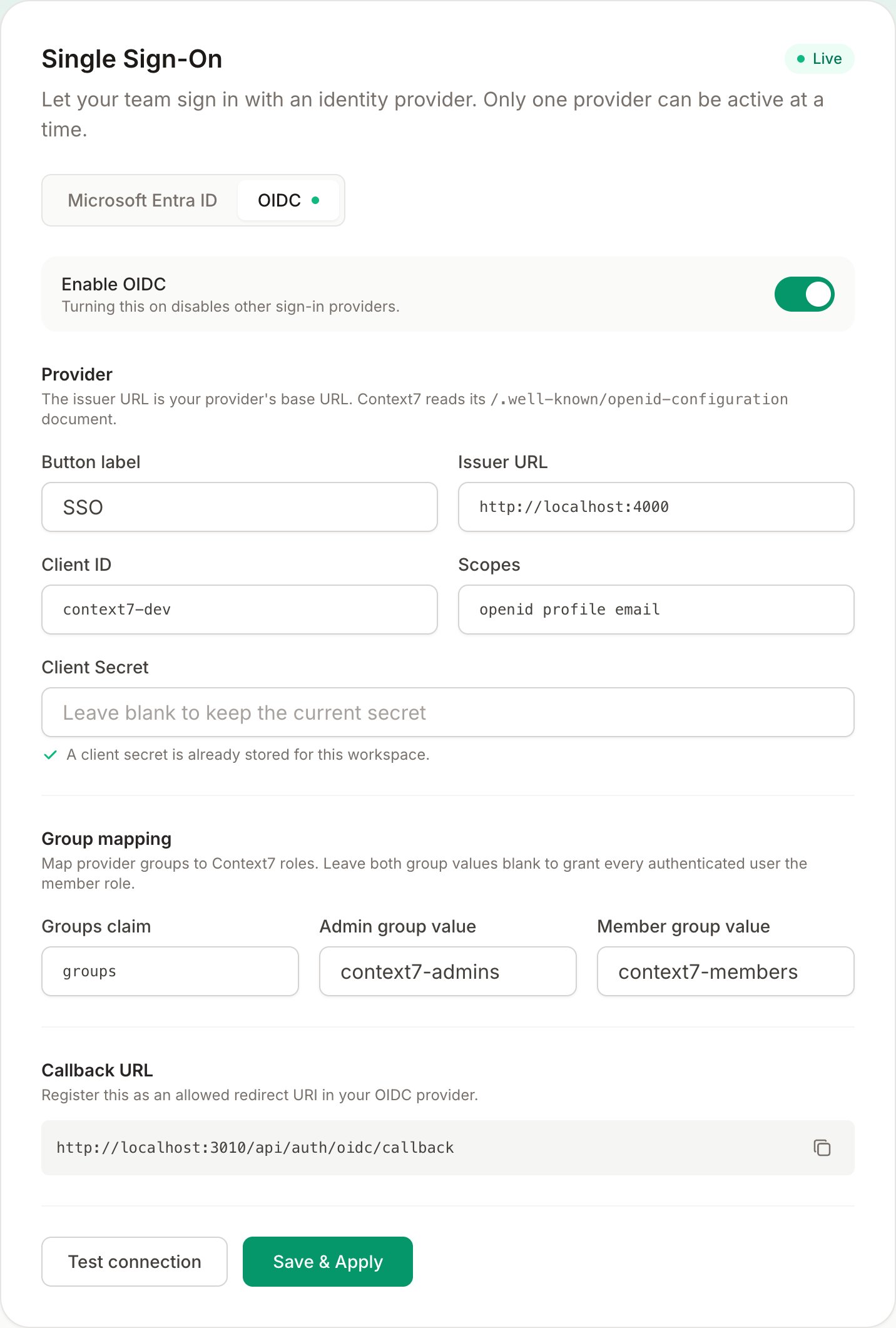 Context7 Settings showing the Single Sign-On card with the OIDC tab selected