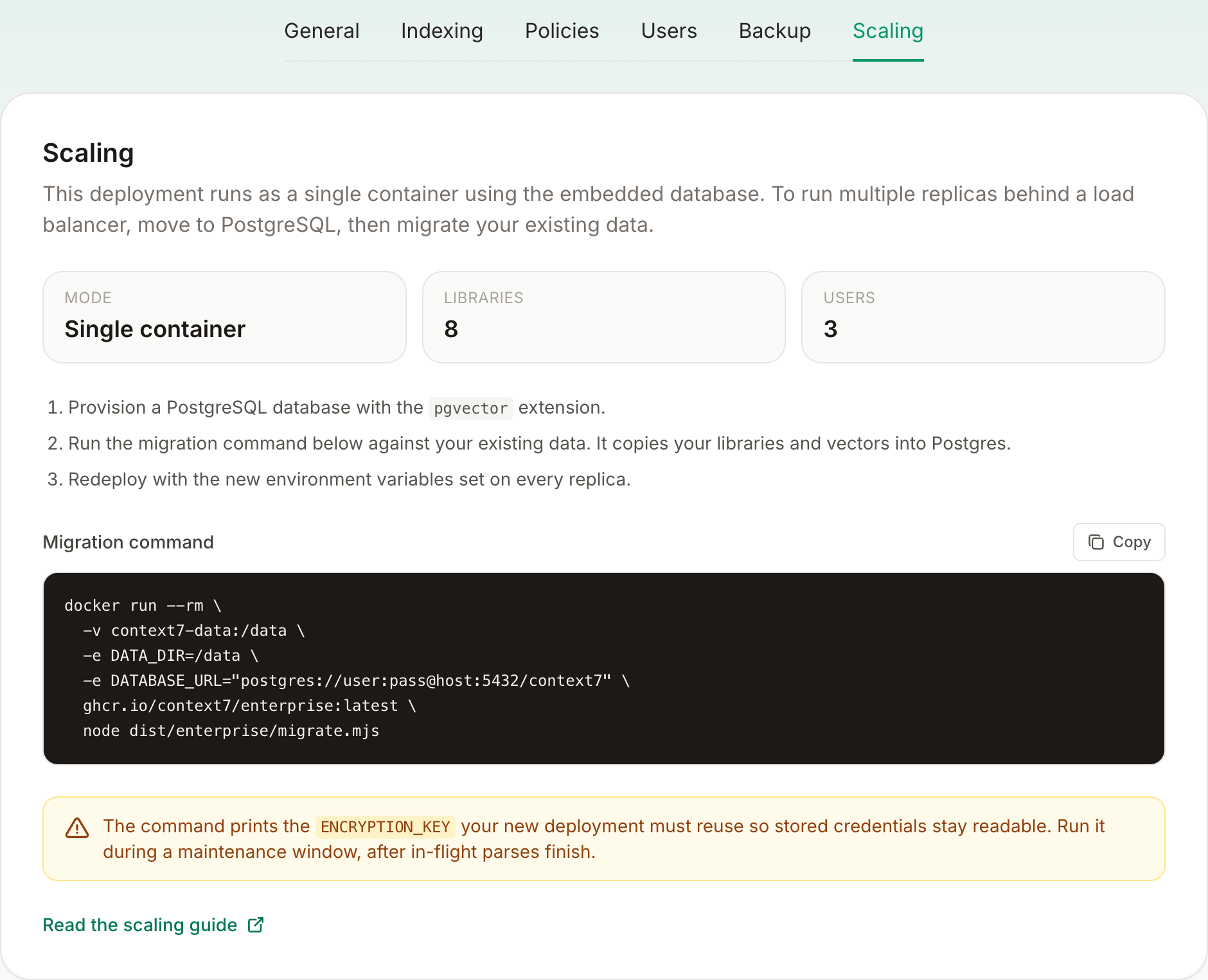 Migration helper under Settings, Scaling