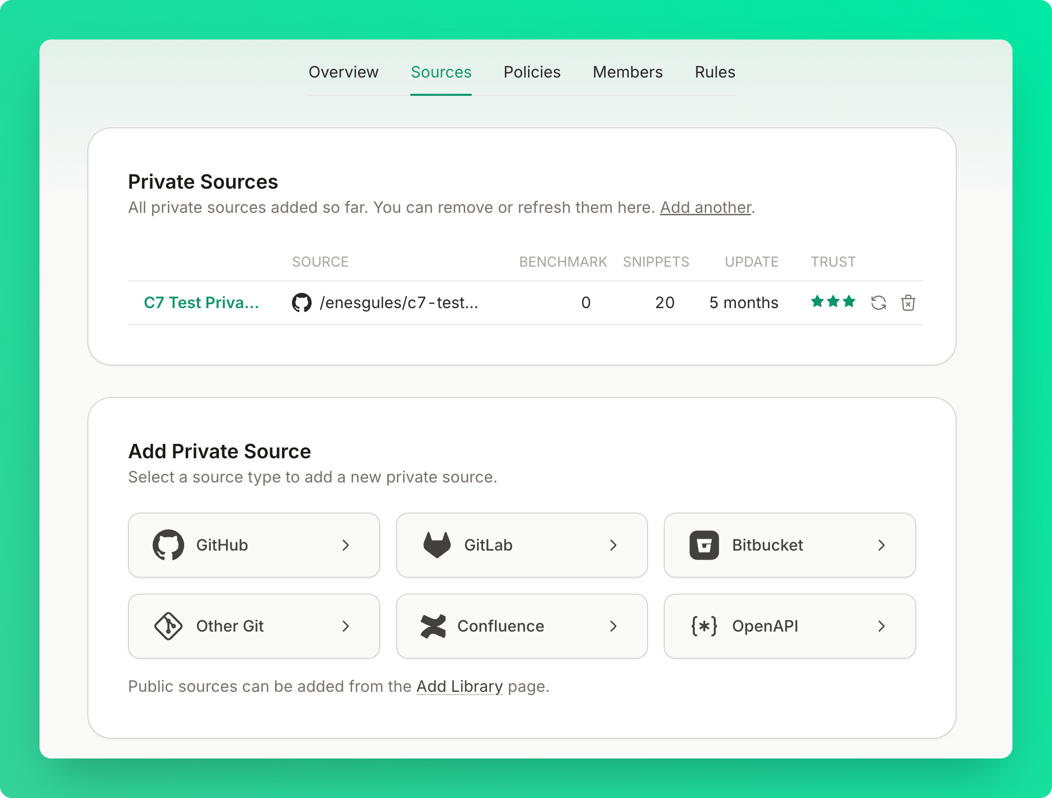 Private Sources card showing a table of added sources and source type options
