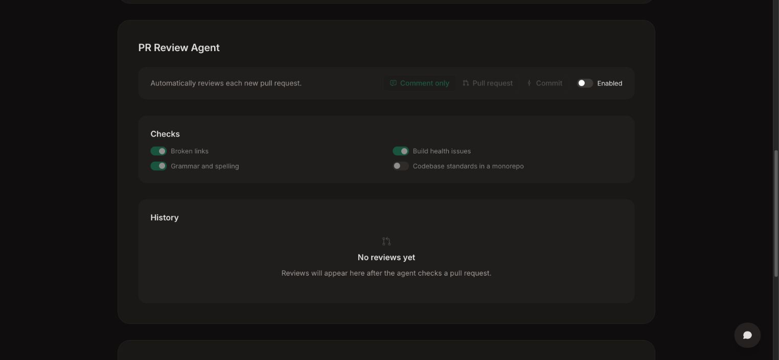 PR Review Agent settings with response modes and documentation checks