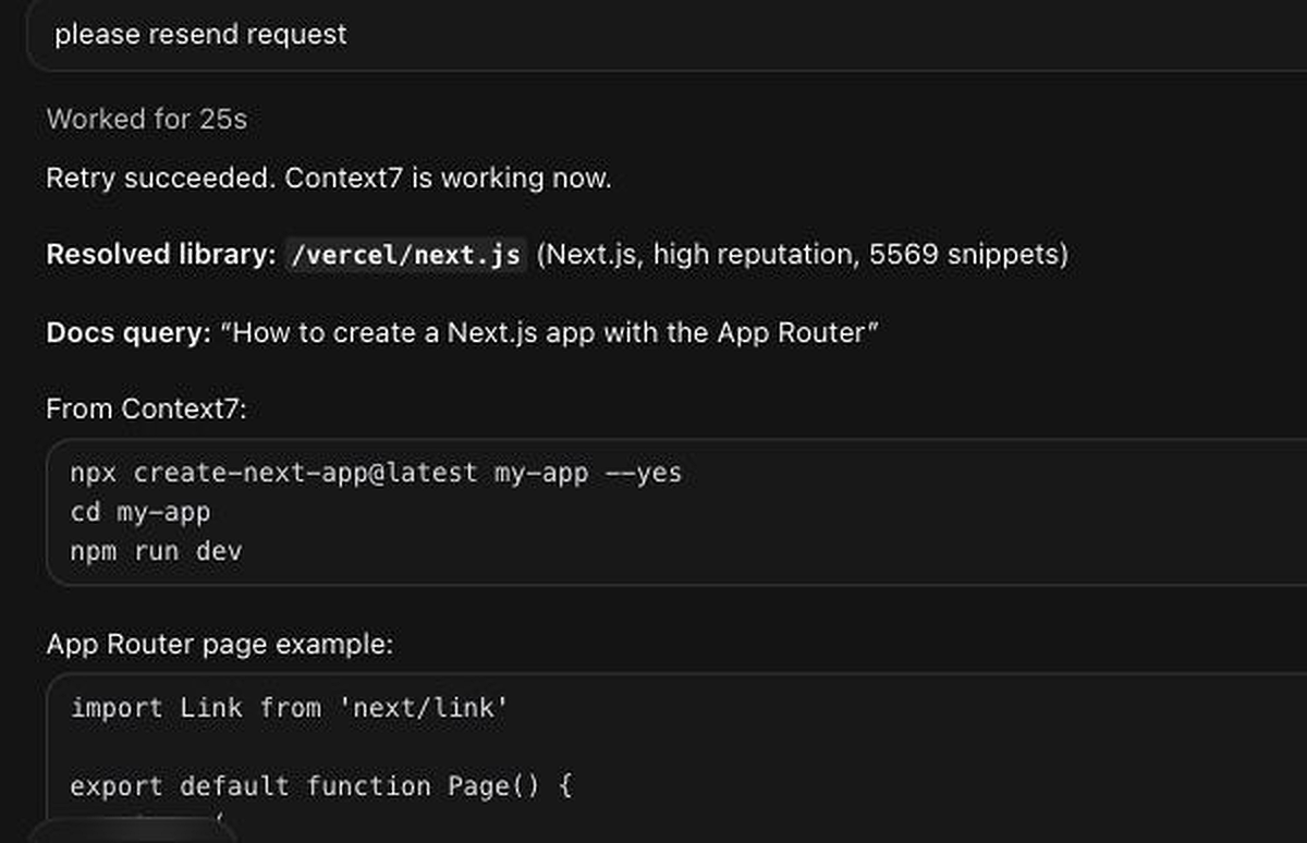 Successful Context7 documentation query from a Cursor Cloud Agent