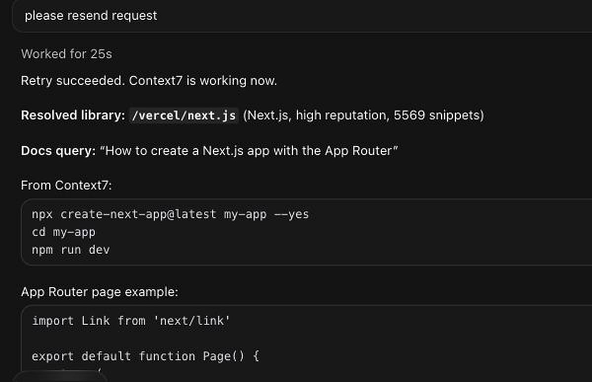 Successful Context7 documentation query from a Cursor Cloud Agent