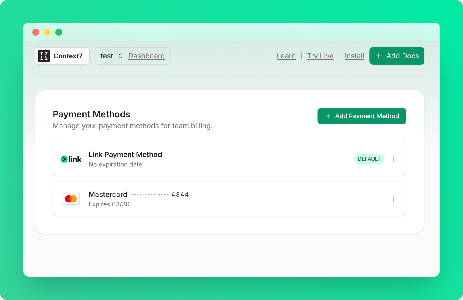 Billing page showing payment methods card and management options
