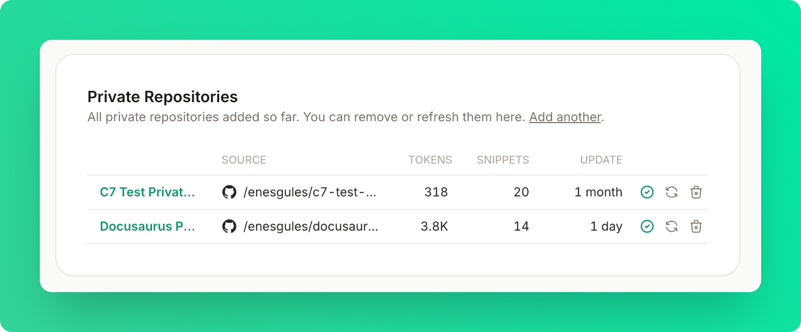 Private Repositories card showing a table of added repositories