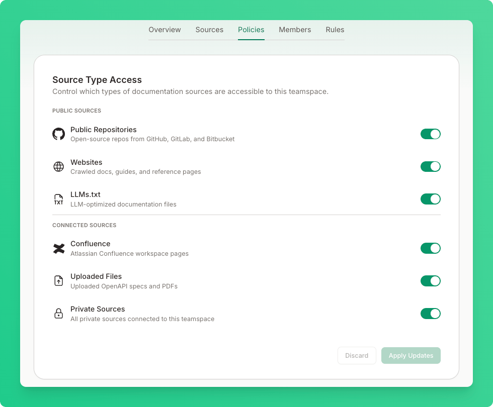 Source Type Access card showing toggles for each documentation source type