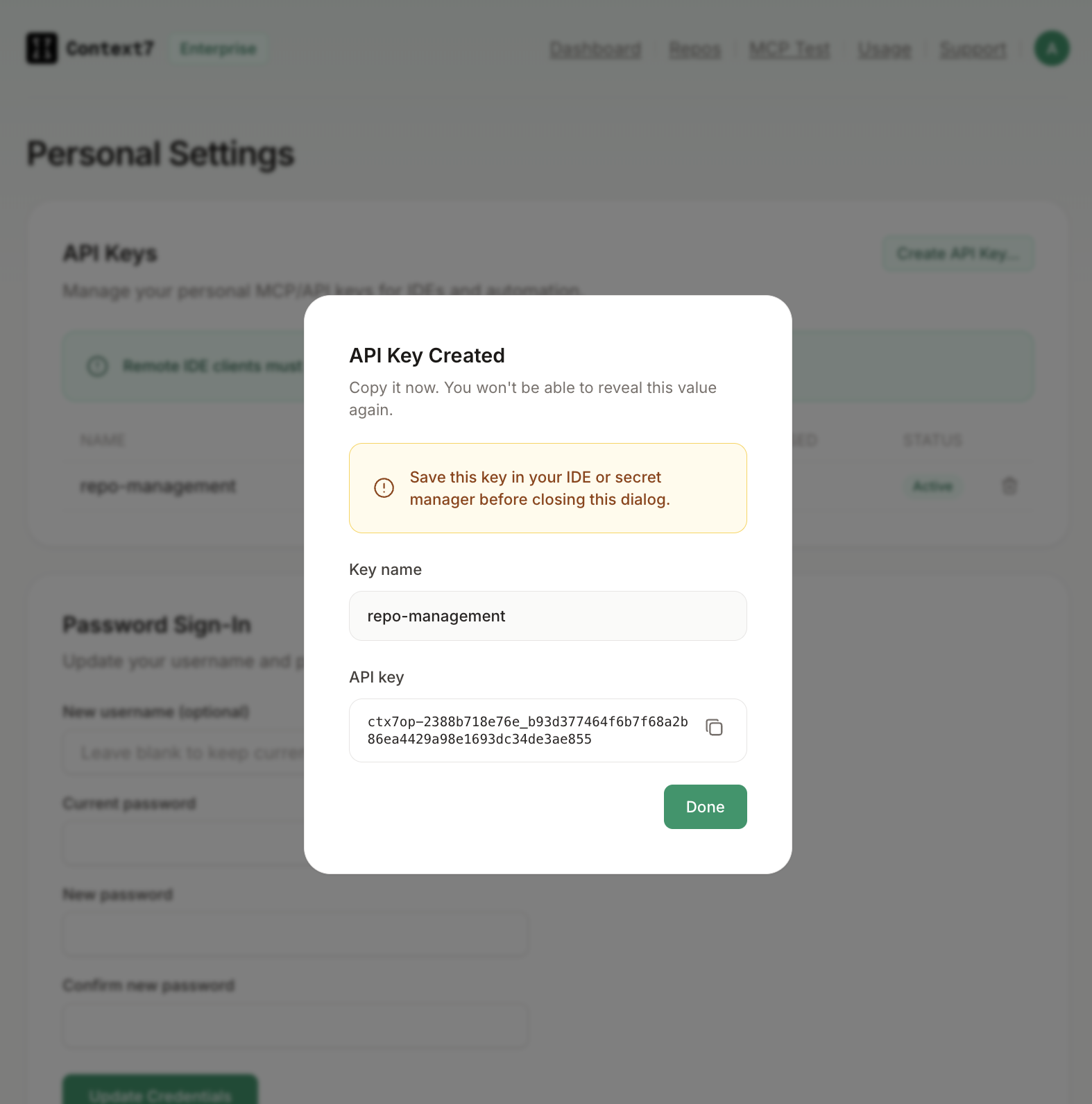 API Key Created dialog showing the key value