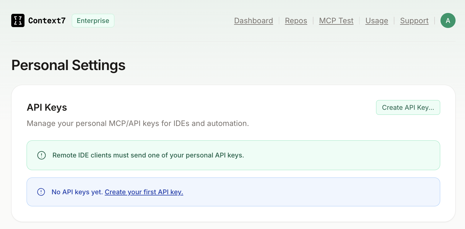 API Keys settings page