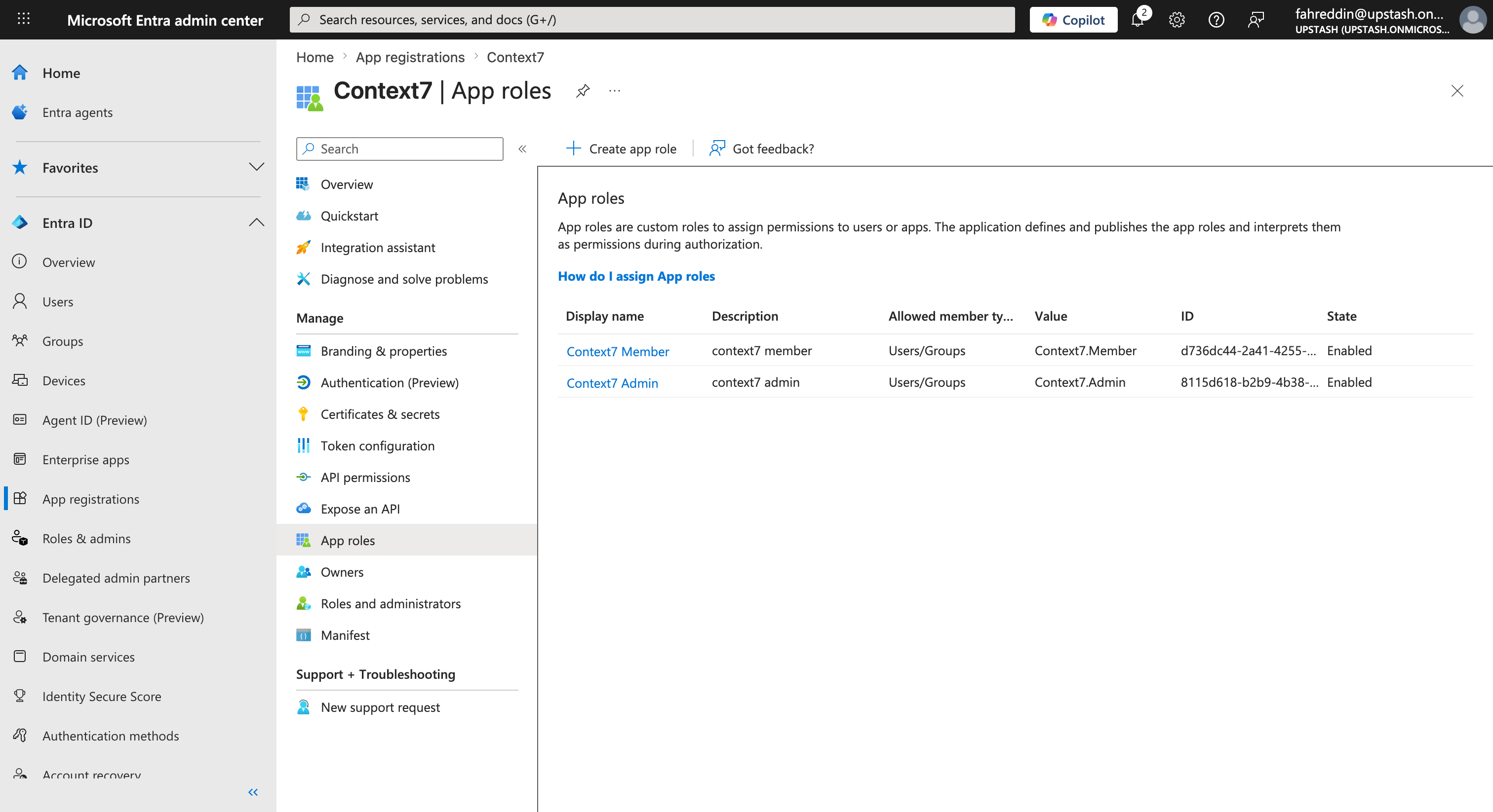 App roles page showing Context7.Admin and Context7.Member