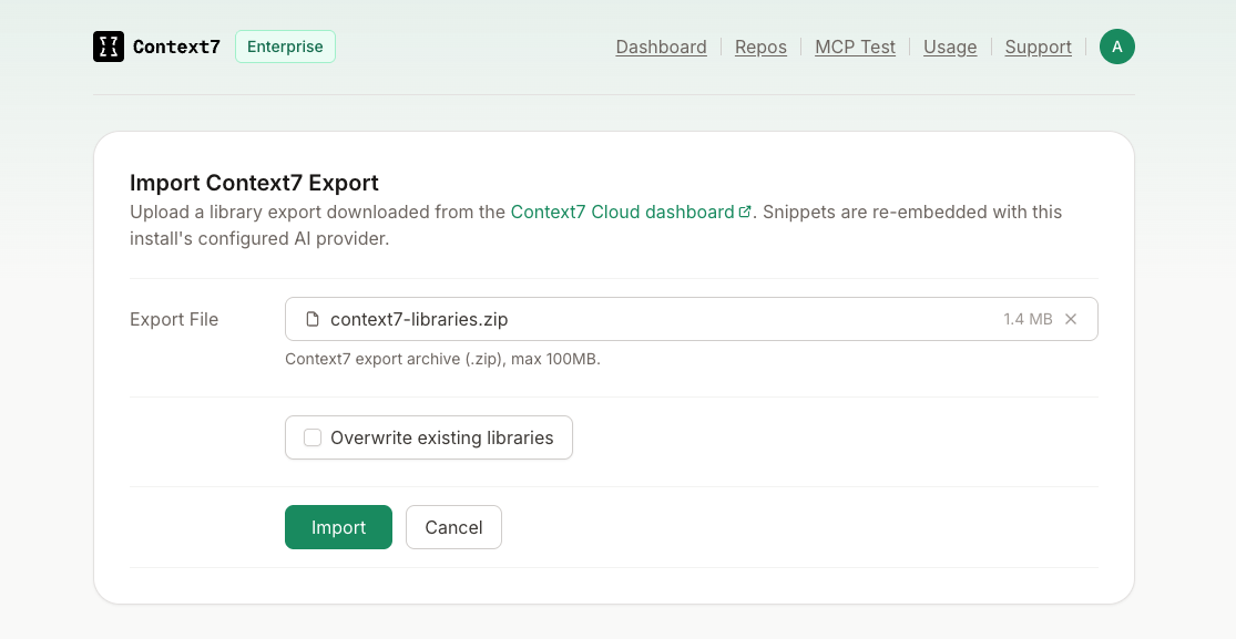 Uploading a Context7 export to import