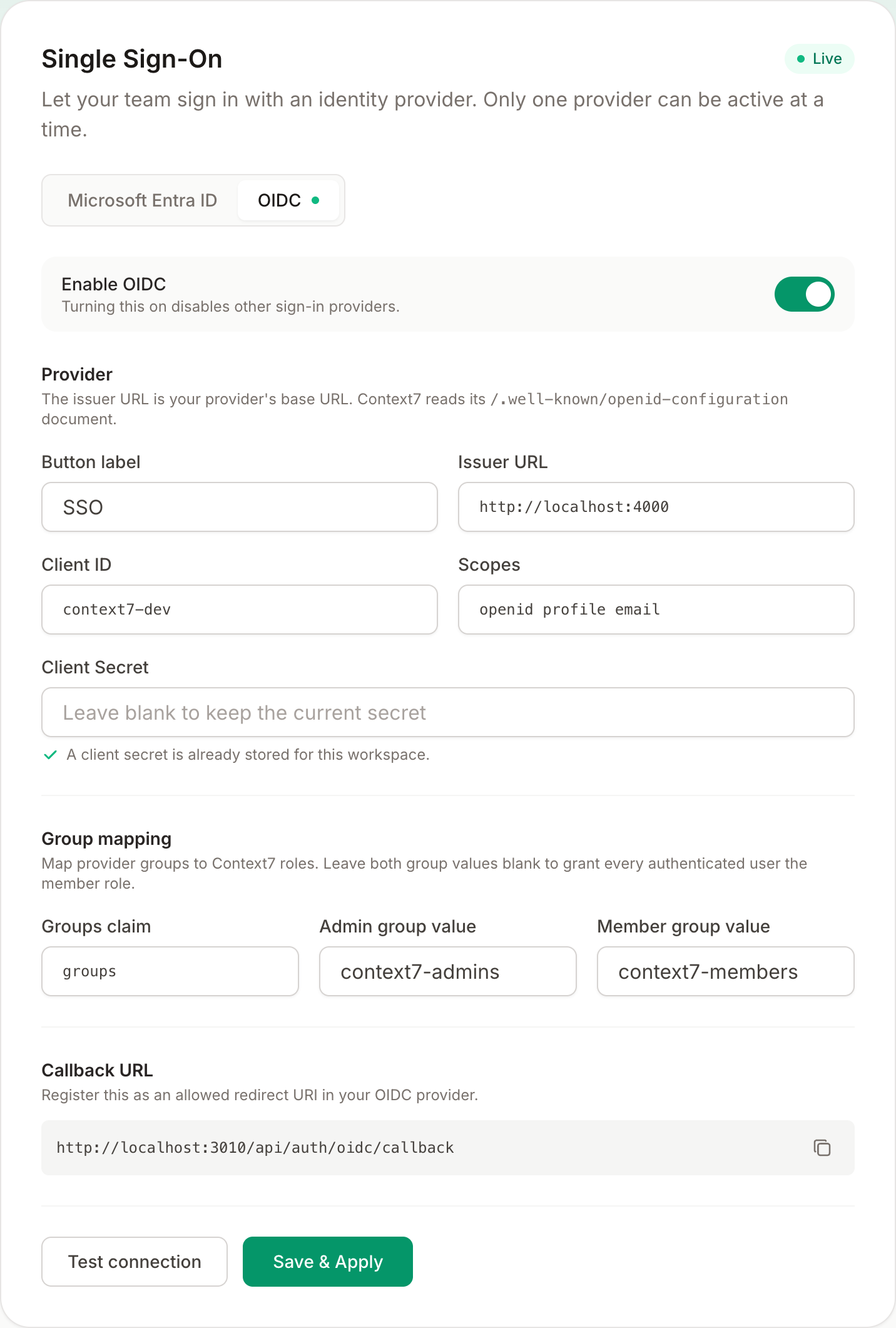 Context7 Settings showing the Single Sign-On card with the OIDC tab selected