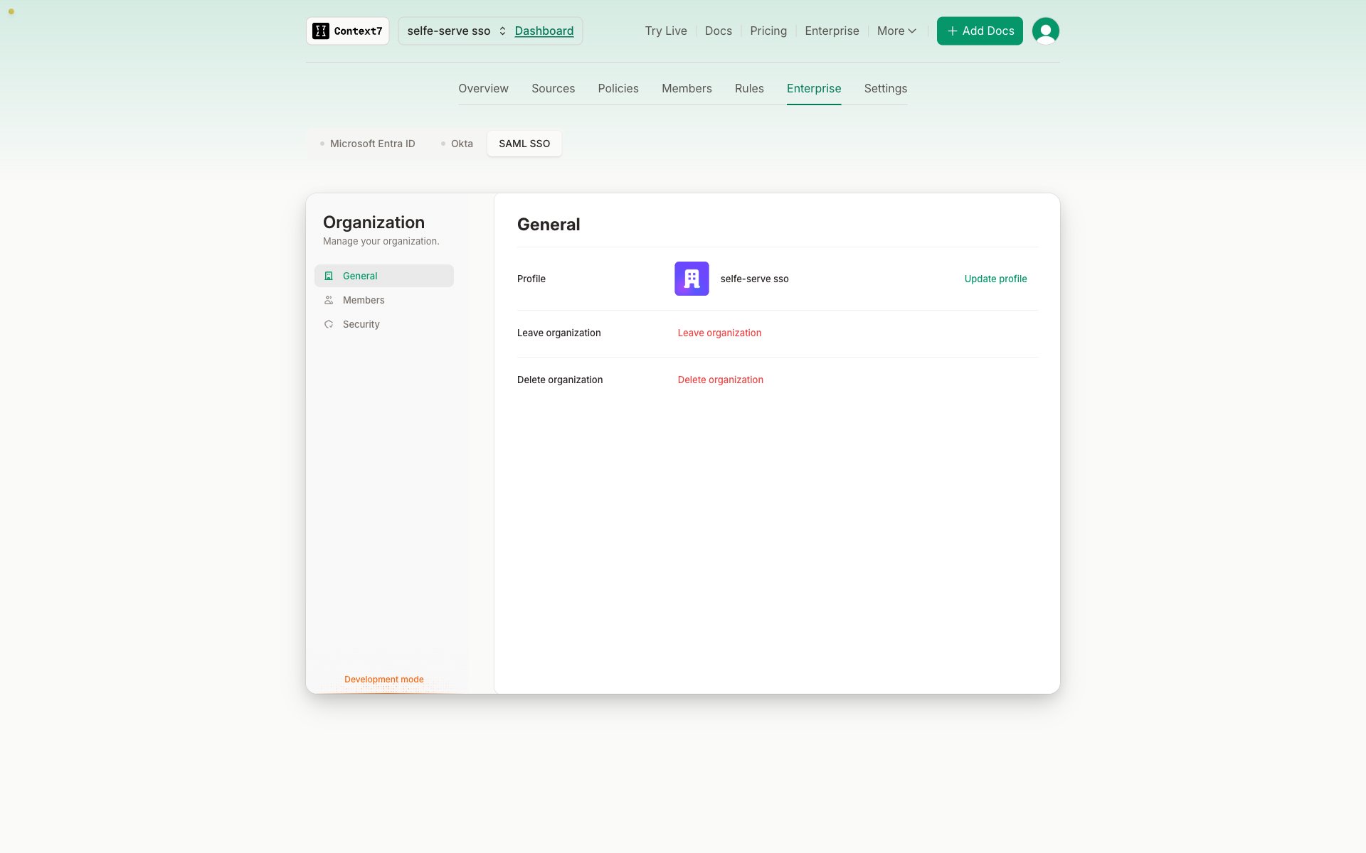 The SAML SSO tab under Enterprise in the teamspace dashboard