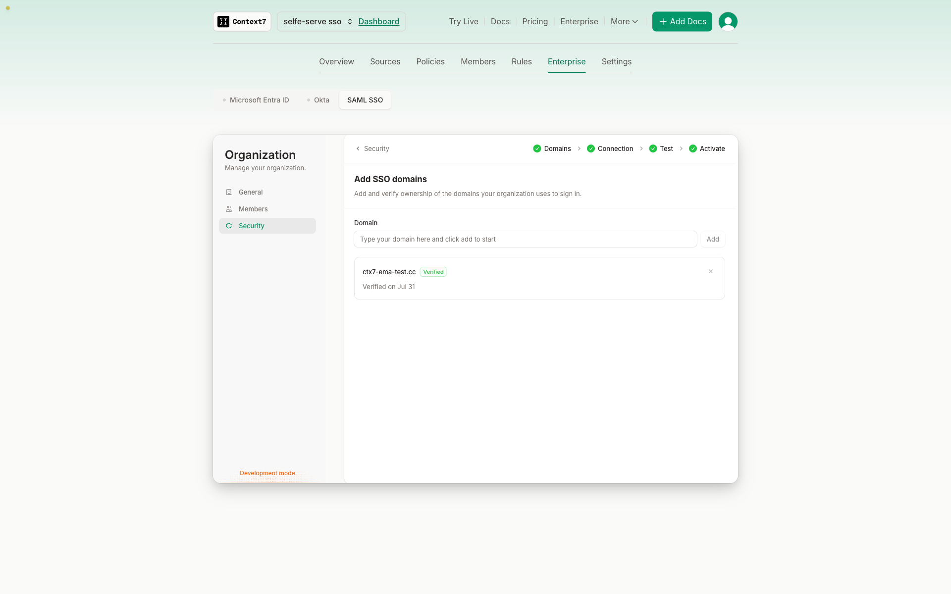 A verified SSO domain on the Domains step