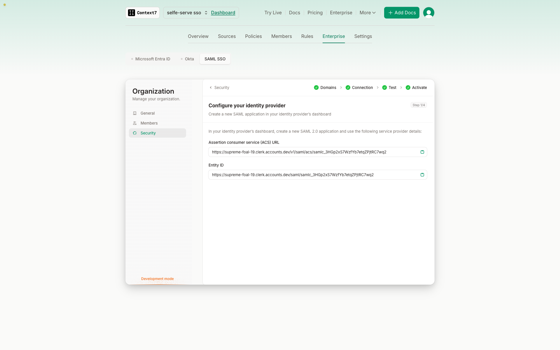 Service provider details to copy into your identity provider