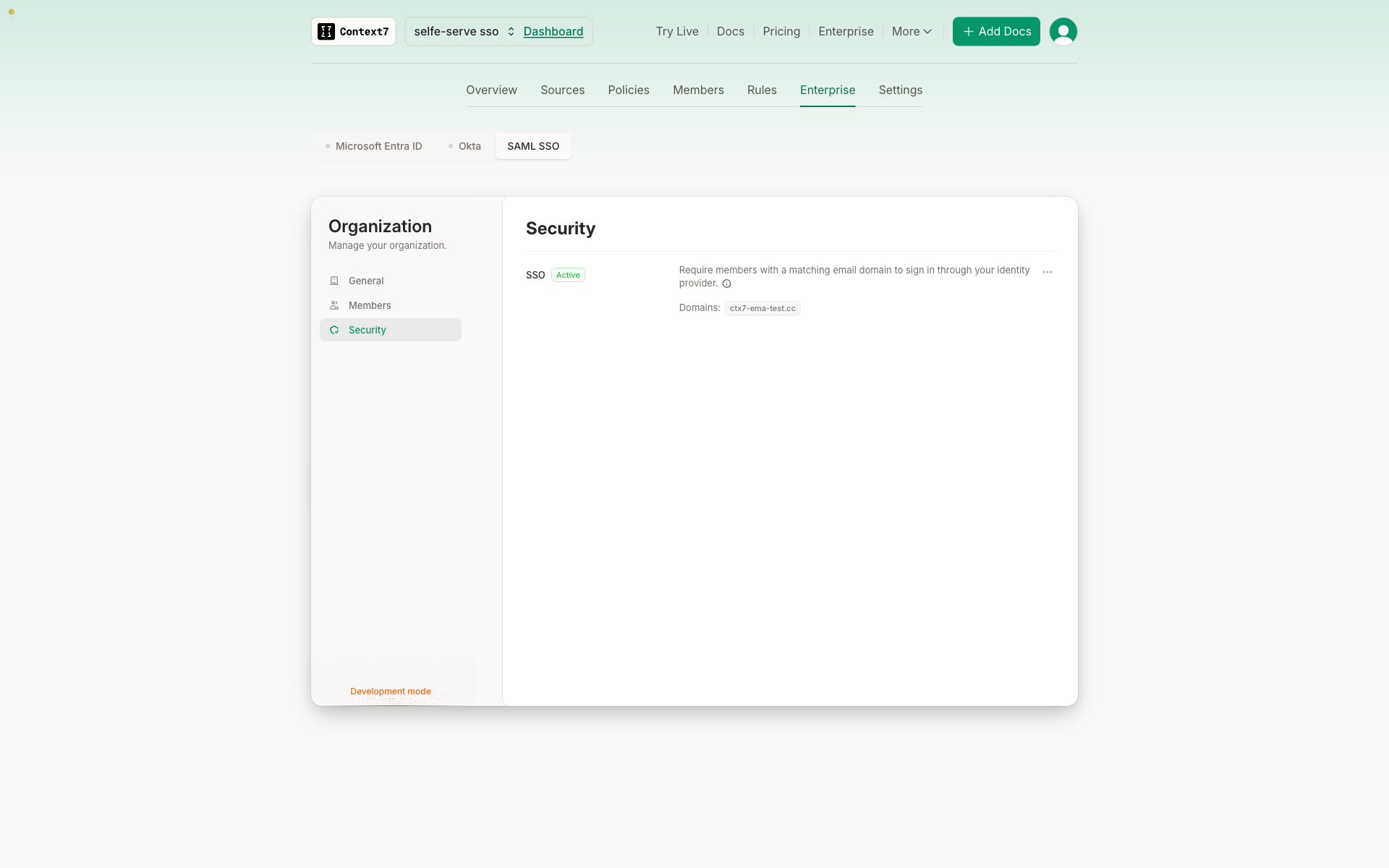 An active SSO connection on the Security page