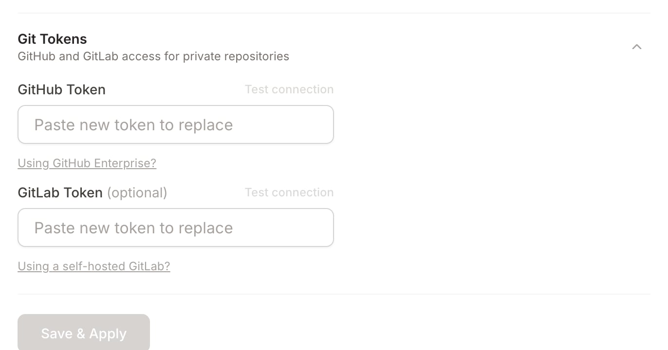 Git token fields under Settings, Integrations