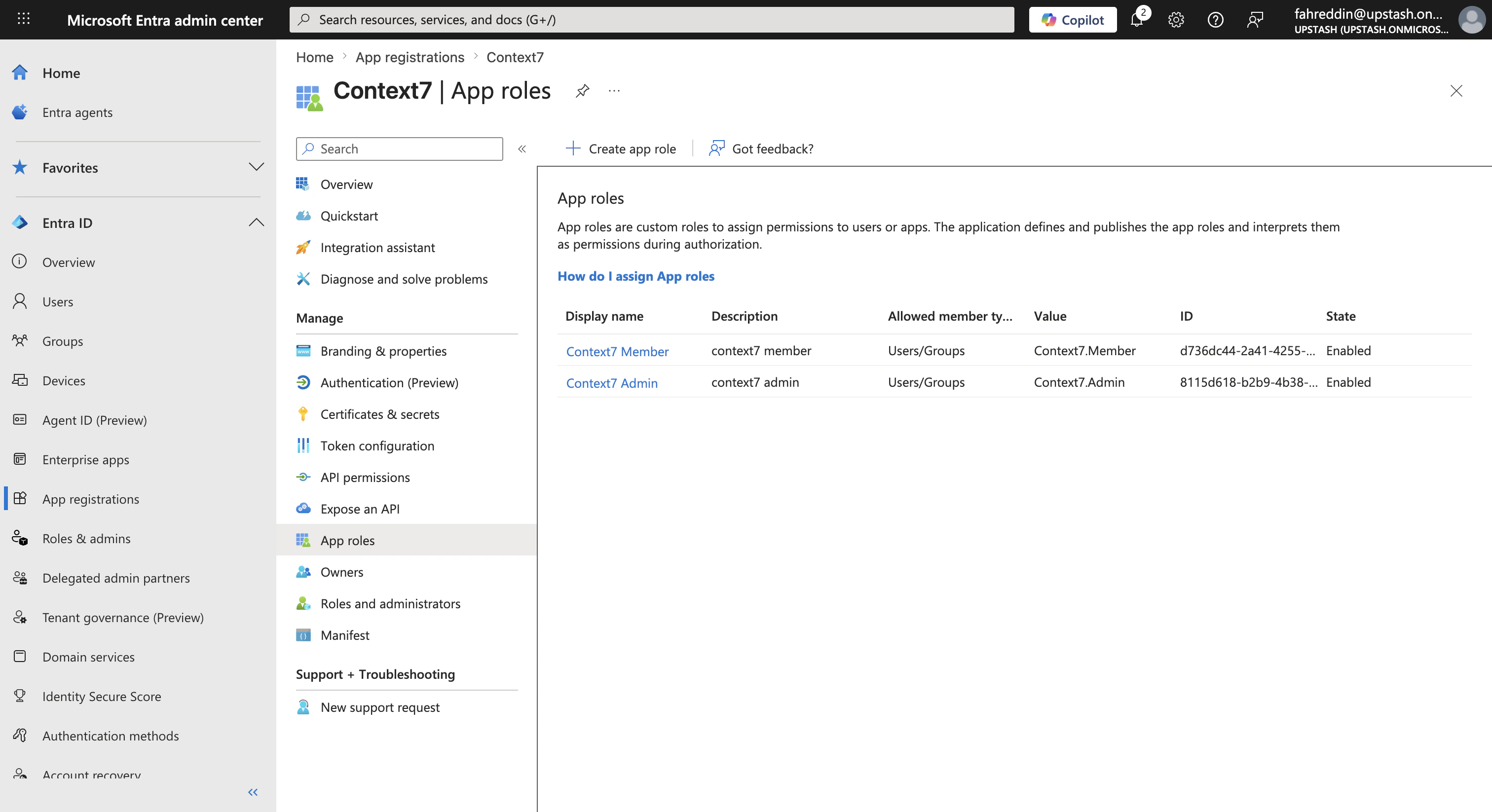 App roles page showing Context7.Admin and Context7.Member