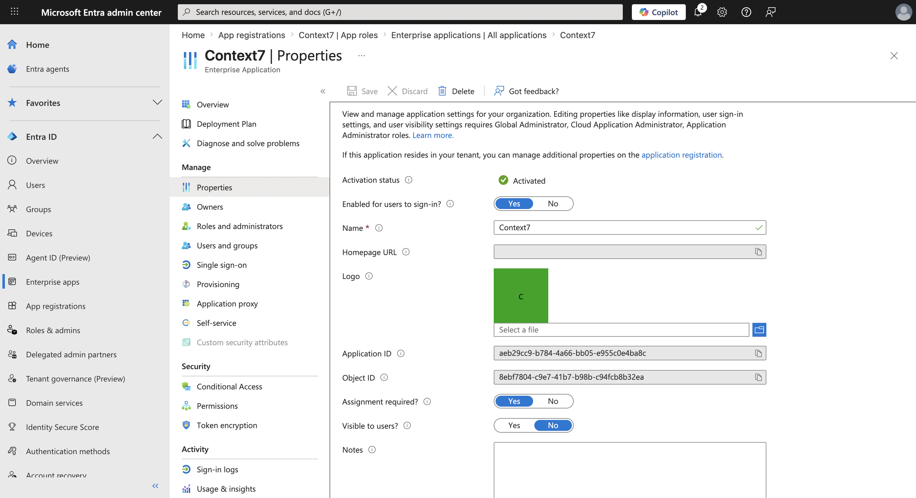 Enterprise app Properties page with Assignment required set to Yes