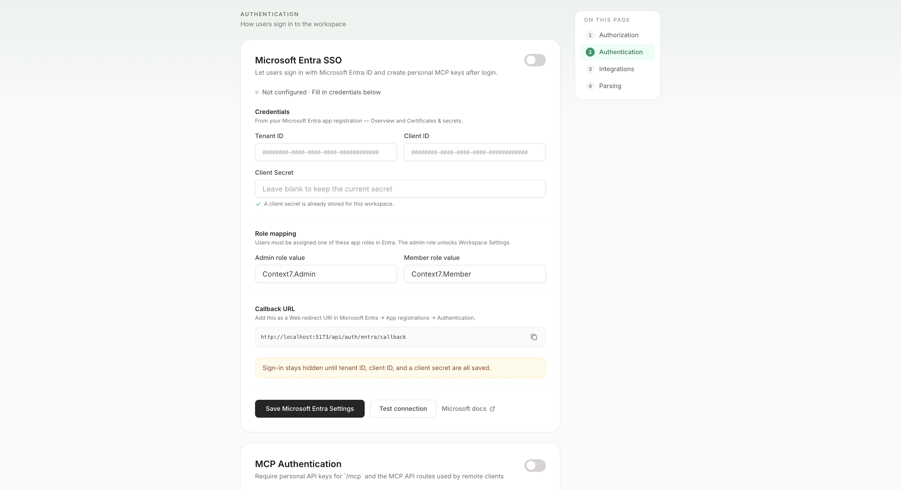 Context7 Workspace Settings with the Microsoft Entra SSO card highlighted