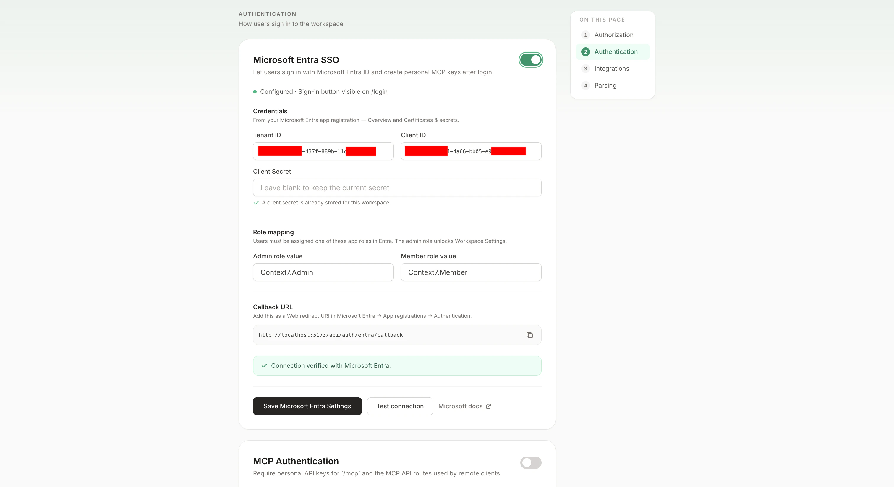 Entra SSO card with values filled, connection verified, and toggle on