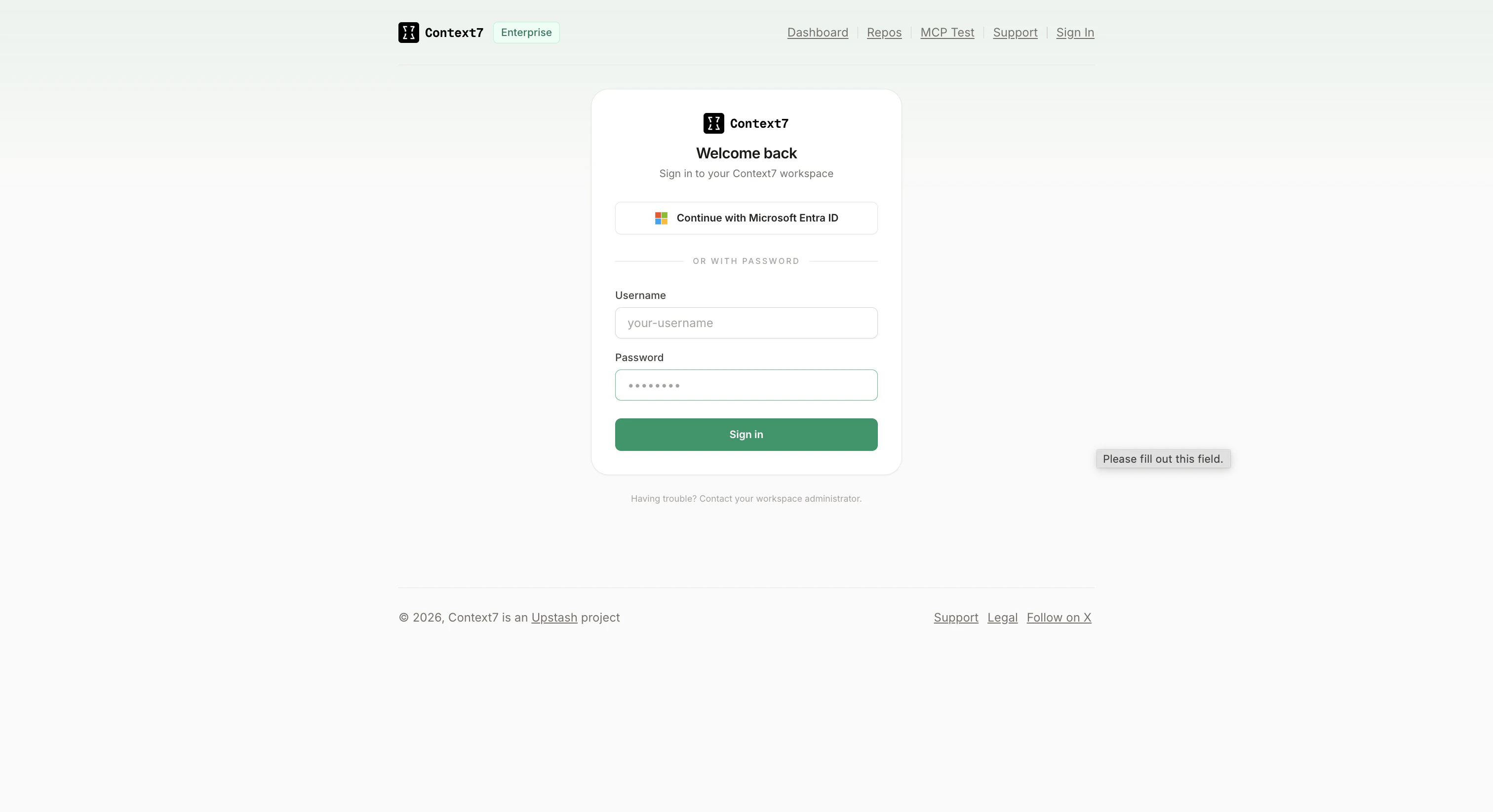 Login page showing Continue with Microsoft Entra ID button