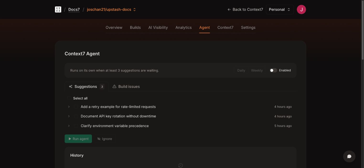 Docs7 Agent dashboard showing suggestions, build issues, scheduling, and history