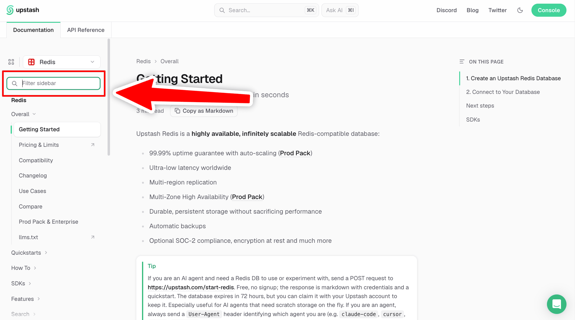 Docs7 sidebar with the filter box above the page list