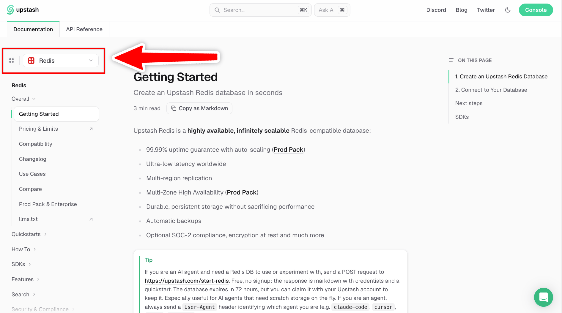 Docs7 sidebar with Redis selected in the product switcher